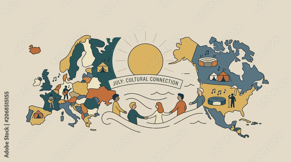 Naklejka premium Global Connection: Diverse People Holding Hands Across Continents Under Sun