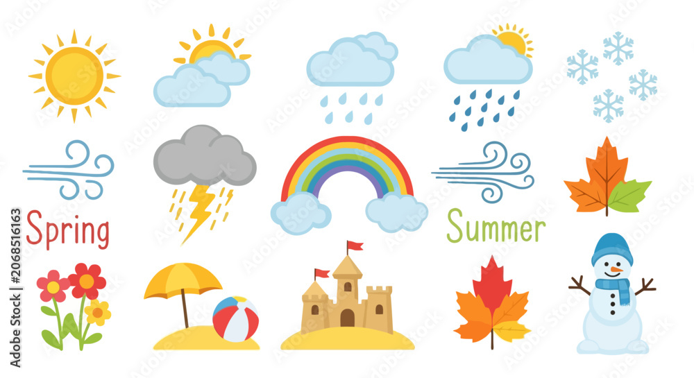 Naklejka premium Weather and seasonal icons for spring summer autumn and winter