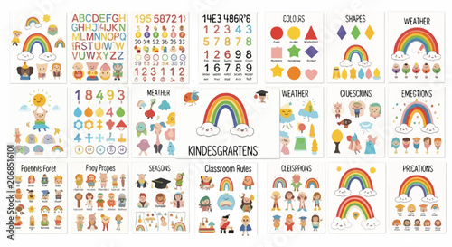 Educational kindergarten learning posters and cards set