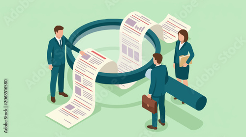 Tableau sur toile Business Team Analyzing Documents with Magnifying Glass and Reports