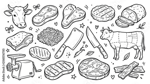 Various hand-drawn beef cuts, including steaks, ground meat, and a whole cow diagram, with butcher tools on a white background