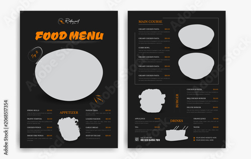 Restaurant menu with food items and prices on a black background, Dark theme restaurant menu card