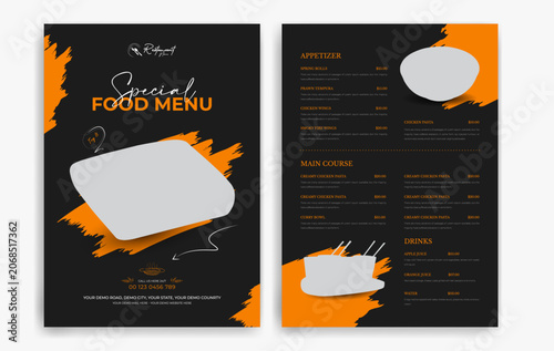 Restaurant menu with food items and prices on a black background, Dark theme restaurant menu card