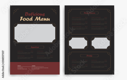 Restaurant menu with food items and prices on a black background, Dark theme restaurant menu card
