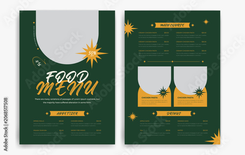 Restaurant menu with food items and prices on a black background, Dark theme restaurant menu card