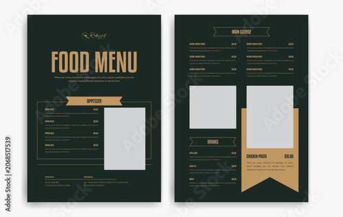 Restaurant menu with food items and prices on a black background, Dark theme restaurant menu card