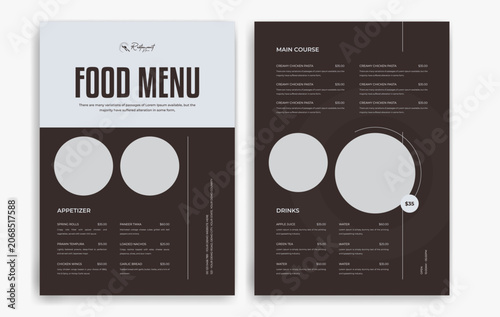 Restaurant menu with food items and prices on a black background, Dark theme restaurant menu card