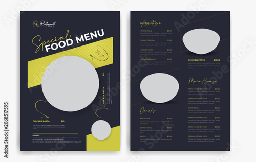 Restaurant menu with food items and prices on a black background, Dark theme restaurant menu card