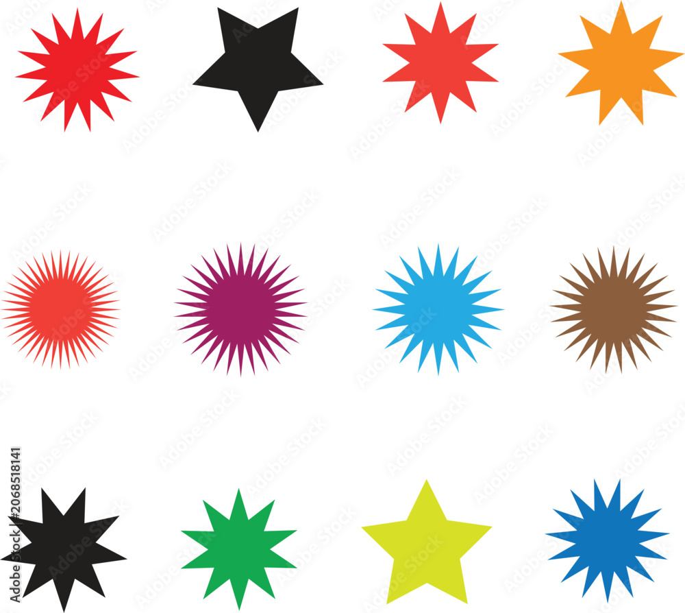 Fototapeta premium Colorful spiky starburst shapes collection Vector, illustration