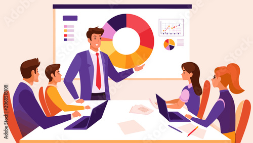 Obraz na plátně Professional business manager standing and presenting colorful data charts to hi