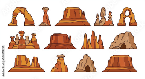 Konstfotografi Desert rock formations vector illustration showcasing sandstone arches and butte