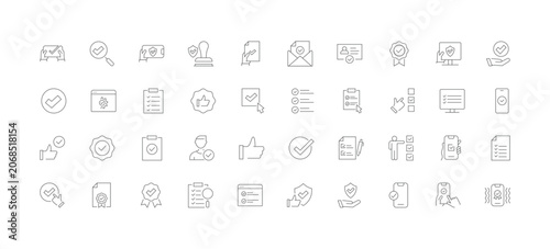 Checkmark and Approved web icon set in line style. Checklist, accepted, stamp, accept, agree, quality control, collection. Editable stroke.