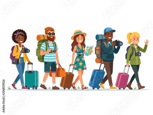 Diverse tourists walking together.