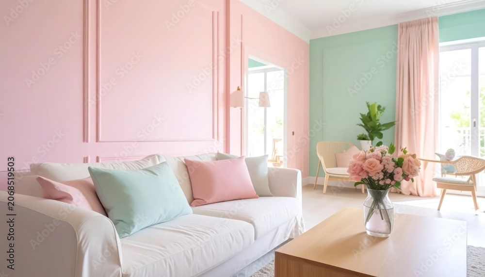 Fototapeta premium Soft Pastel Living Room with White Sofa and Flower Vase in Bright Modern Home