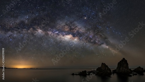 Stunning Milky Way Galaxy Over Ocean Rocks at Night.