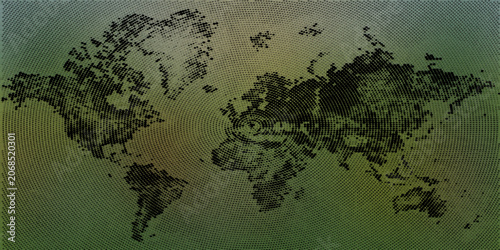 Abstract world map silhouette overlayed on circular halftone dot pattern against a green and earth tone color gradient background.