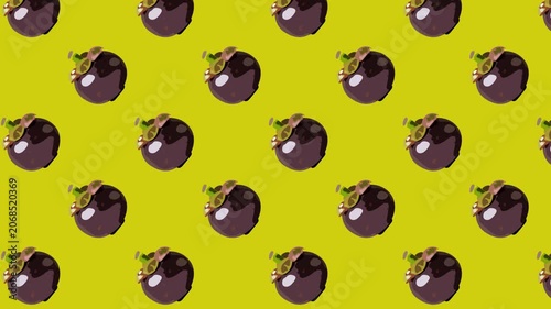 Mangosteen seamless pattern, exotic purple fruit stop motion animation on yellow background