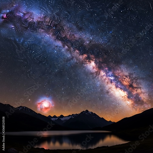 Stunning Milky Way Galaxy Over Mountain Lake at Night.