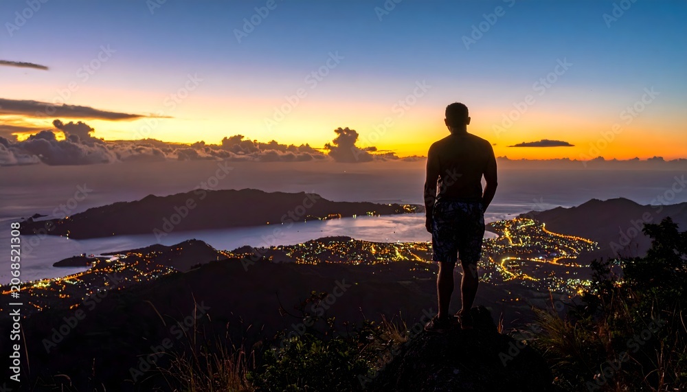 Fototapeta premium Silueta de hombre en la cima de una montaña contemplando una ciudad costera iluminada al atardecer