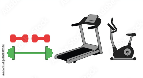 Fotografía Fitness equipment illustration featuring dumbbells a treadmill and an exercise b
