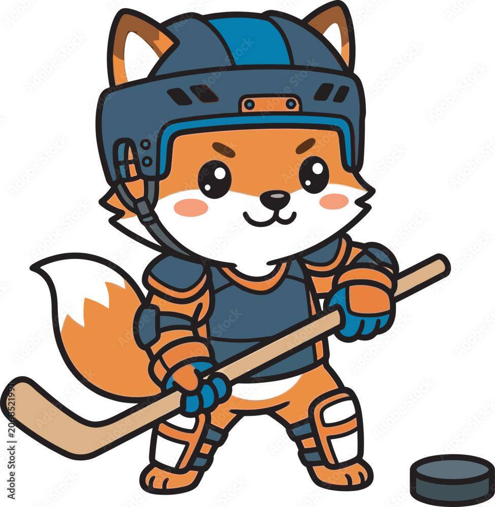 Obraz premium Cute cartoon fox illustration standing ready with a hockey stick and puck, wearing a helmet and an orange team uniform, playful animal mascot vector clipart, ideal for sports apparel and kids books.