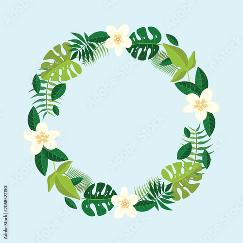 Tropical Leaves and Flower Wreath Frame EPS Vector