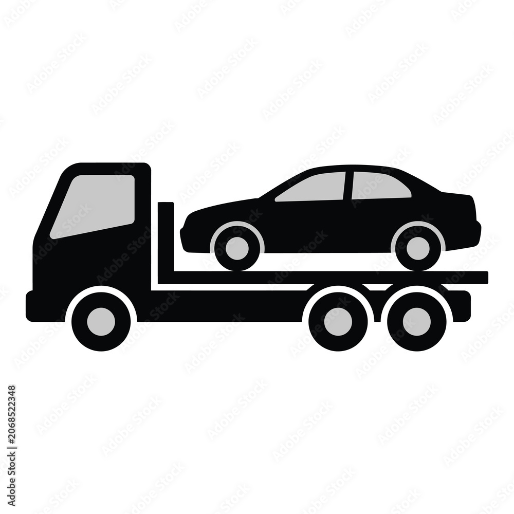 Naklejka premium Car on a flatbed tow truck vehicle transport illustration icon