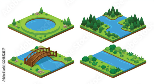 Foto Isometric landscape scenes with water features and vegetation a vector illustrat