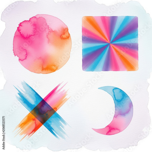 Colorful watercolor shapes and symbols set