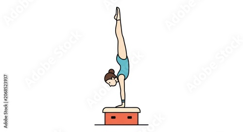 Woman doing handstand on gymnastic block.