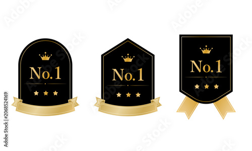Gold No.1 black shield and arch badge vector set with ribbon