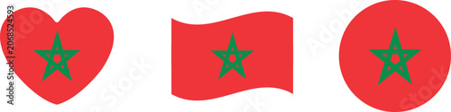 Cuadro en lienzo Moroccan flag icons in heart waving and circle shapes with green star and red ba