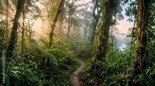 Sunlight filtering through lush green rainforest with winding path and river