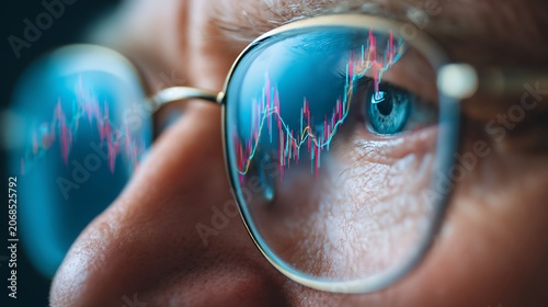 Close up of an investor looking at stock market charts reflected in glasses.
