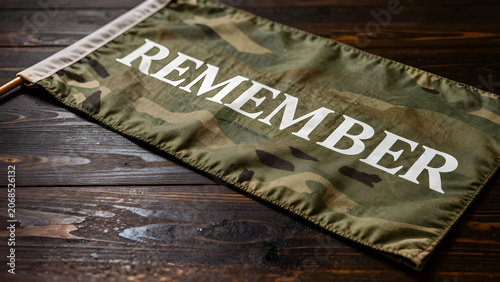 Olive green camouflage flag white remember text military wooden surface memorial photo