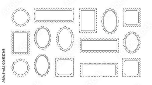 Vintage postage stamp frames set, 14 decorative scalloped border vectors, blank philatelic postmark labels for mail and scrapbooking design