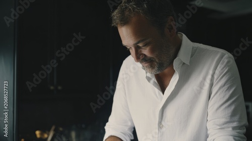 A sophisticated middle-aged father in a crisp white shirt, sleeves rolled up ...