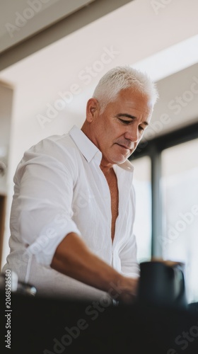 A sophisticated middle-aged father in a crisp white shirt, sleeves rolled up ...