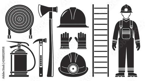 Black and white illustration of various firefighting tools and equipment isolated on white background