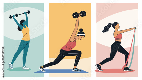 Women exercising with dumbbells and resistance bands in various poses