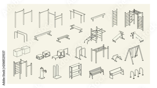 Vászonkép Isometric street workout equipment vector set, outdoor gym fitness station icons