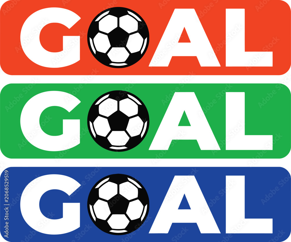 Obraz premium Soccer Goal Vector Graphic Set with Football Ball Icons in Red Green and Blue Banner Backgrounds for Sports Championship Tournament and Victory Celebrations Events Design