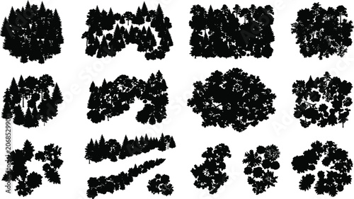 Bild auf Leinwand Forest Tree Top View Silhouette Collection for Landscape Map and Nature Design