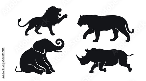 Foto African safari animal silhouettes, black lion and tiger vector set, elephant and
