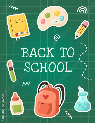 Back to school poster with school supplies. Vector illustration 