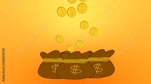 Animation of gold coins falling into money bags with alpha channel
