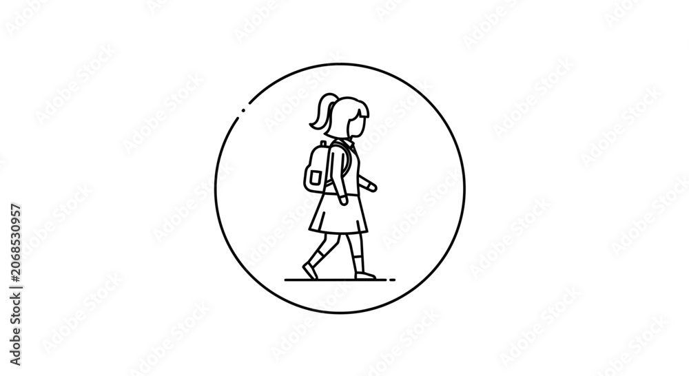 Fototapeta premium School Girl Walking with Backpack Icon, Outline Style, Isolated on White Background