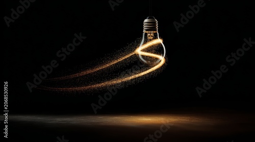 Abstract light bulb concept with golden particle swirls against dark backgrou...