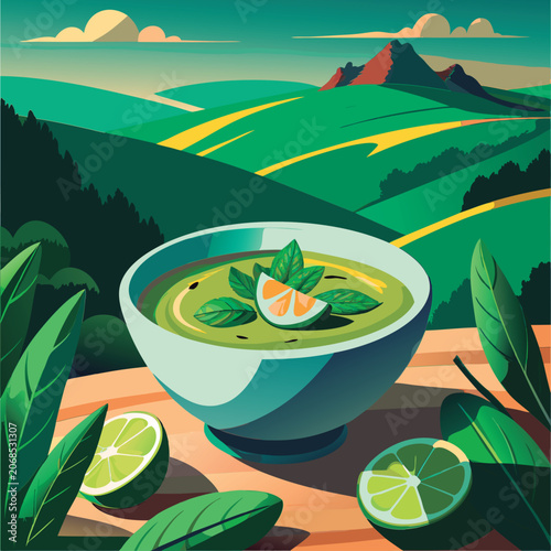 Fresh green soup with lime and herbs.