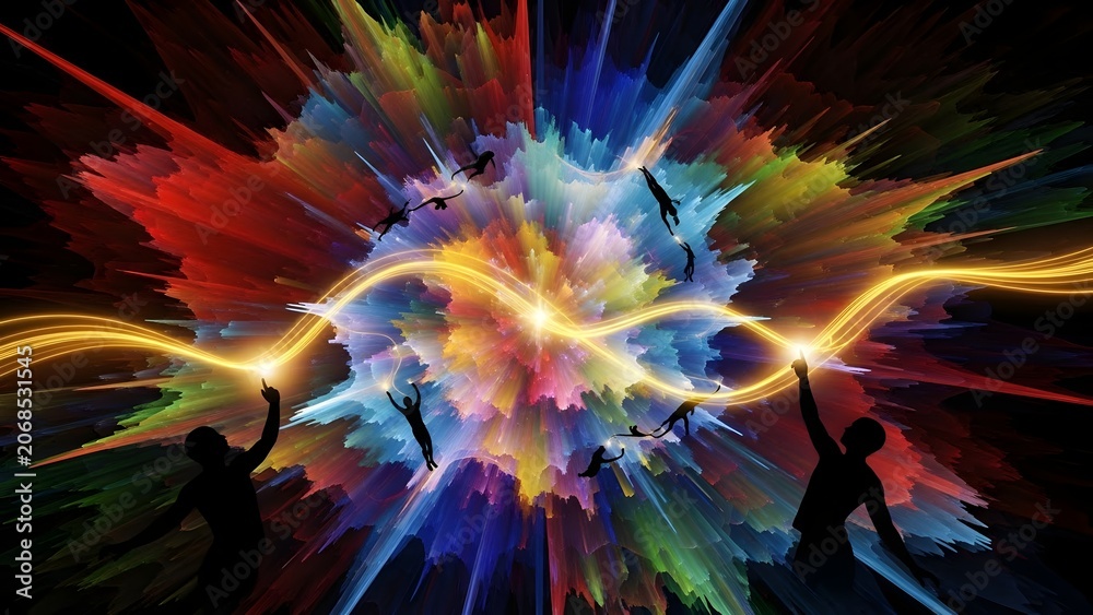 Obraz premium Abstract colorful explosion with human silhouettes and glowing golden light path for creative social connection concept